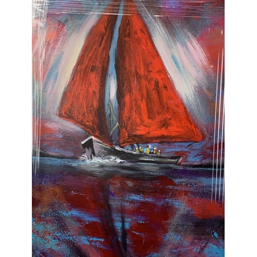 94 - GALWAY HOOKER BY JOHN STEWART AN OIL ON CANVAS 18.5X14