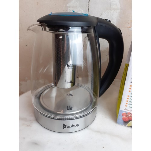 22 - A NEW GLASS KETTLE AND FOOD SLICER