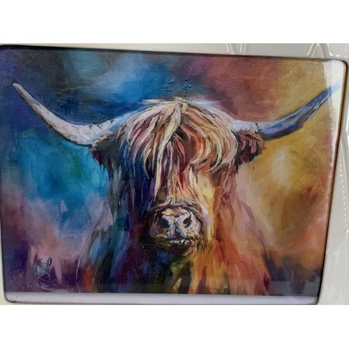 147 - A HIGHLAND CATTLE COLOURFUL PRINT IN PORCELAIN 15 X 13