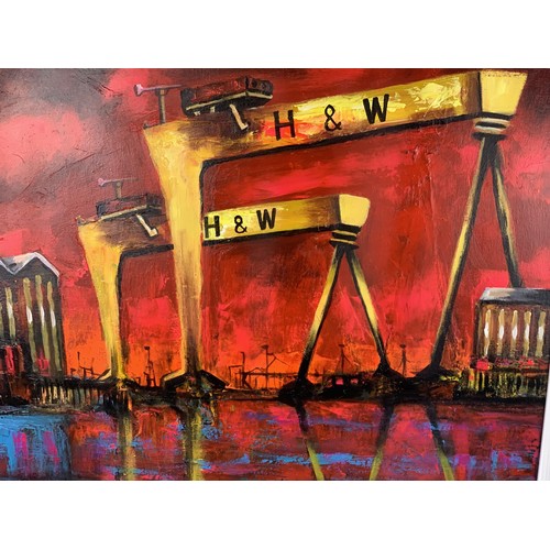 207 - A JOHN STEWART OIL ON CANVAS BELFAST DOCKS-H&W 24.5X28.5