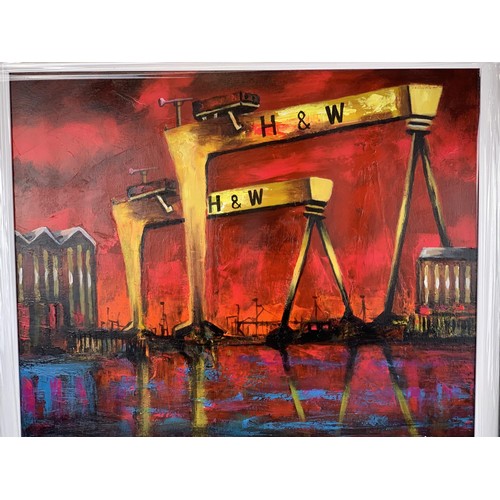 207 - A JOHN STEWART OIL ON CANVAS BELFAST DOCKS-H&W 24.5X28.5