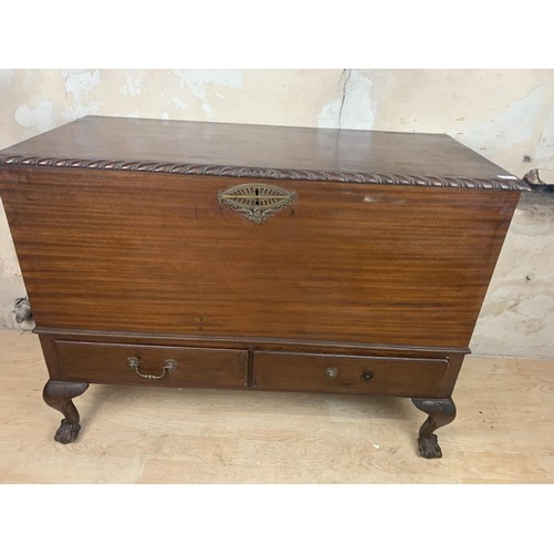 193 - A   LARGE MULE CHEST/TRUNK WITH BOTTOM DRAWER ONTO BALL AND CLAW FOOT