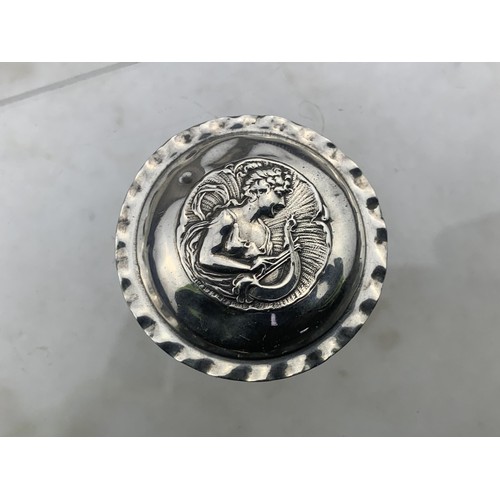 297 - 1901 BIRHINGHAM SILVER PILL BOX DEPICITNG GREEK GOD OF MUSIC