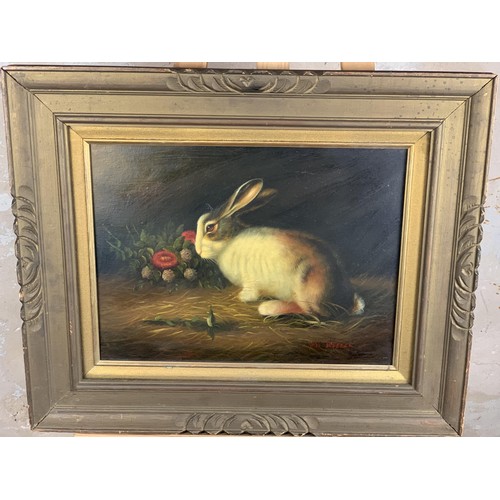 331 - OIL ON CANVAS RABBIT AND FLOWERS IN GILT FRAME BY VAN WEBBER 23X19