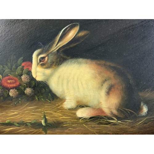 331 - OIL ON CANVAS RABBIT AND FLOWERS IN GILT FRAME BY VAN WEBBER 23X19