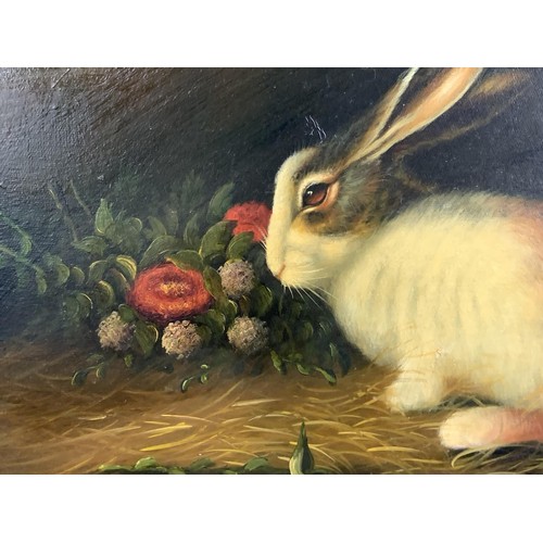 331 - OIL ON CANVAS RABBIT AND FLOWERS IN GILT FRAME BY VAN WEBBER 23X19