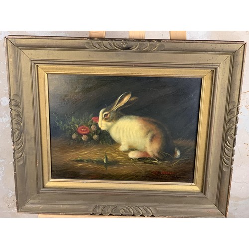 331 - OIL ON CANVAS RABBIT AND FLOWERS IN GILT FRAME BY VAN WEBBER 23X19