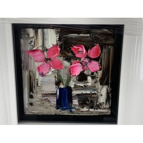 333 - AN OIL ON GLASS PINK FLOWER IN A VASE BY COLIN FLACK 14.5X14.5