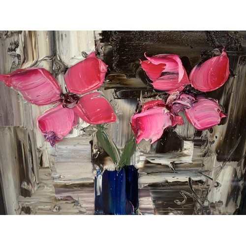 333 - AN OIL ON GLASS PINK FLOWER IN A VASE BY COLIN FLACK 14.5X14.5