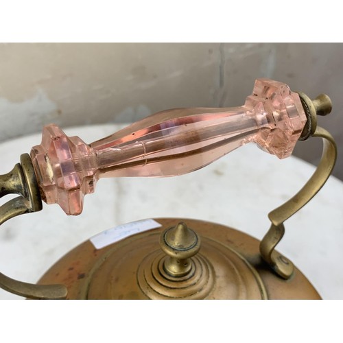 342 - ANTIQUE BRASS KETTLE WITH UNUSUAL PINK GLASS HANDLE