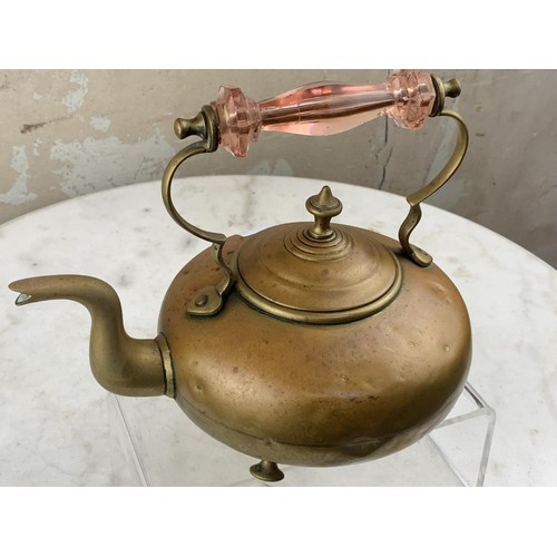 342 - ANTIQUE BRASS KETTLE WITH UNUSUAL PINK GLASS HANDLE