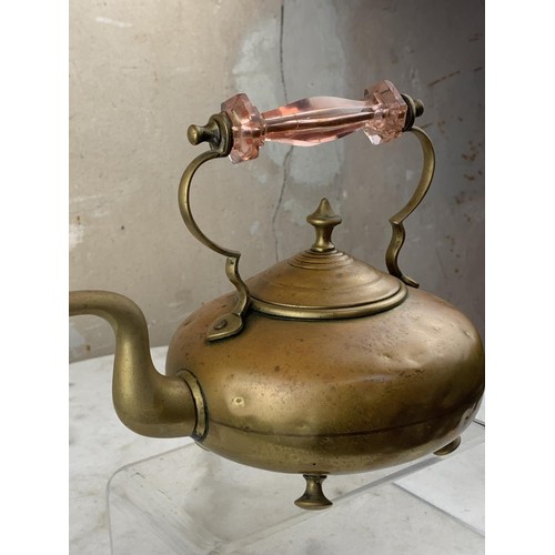 342 - ANTIQUE BRASS KETTLE WITH UNUSUAL PINK GLASS HANDLE