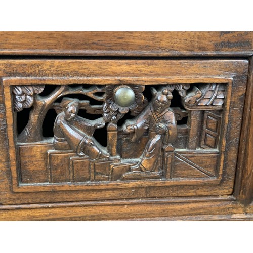 365 - MAHOGANY CARVED ORIENTAL 3 DRAWERED SIDEBOARD OVER 2 DOOR WITH GLASS FRONTS 32 X 29 X 16