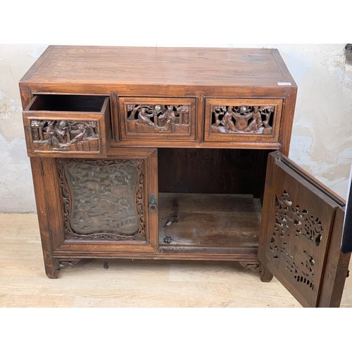 365 - MAHOGANY CARVED ORIENTAL 3 DRAWERED SIDEBOARD OVER 2 DOOR WITH GLASS FRONTS 32 X 29 X 16