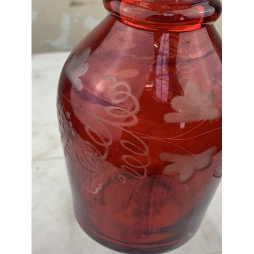 376 - ETCHED CRANBERRY GLASS DECANTER 9