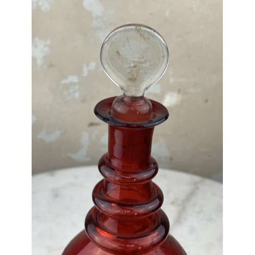 376 - ETCHED CRANBERRY GLASS DECANTER 9