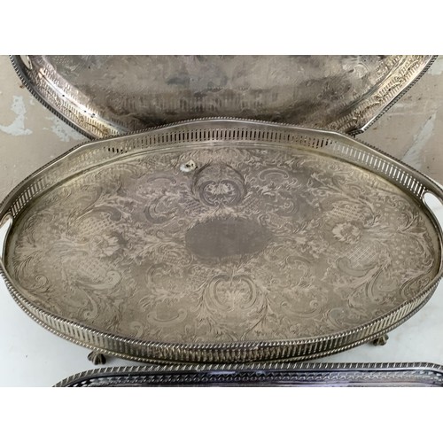 400 - A LOT OF 3 ORNATE SILVER PLATED TRAYS WITH GALLERY,S