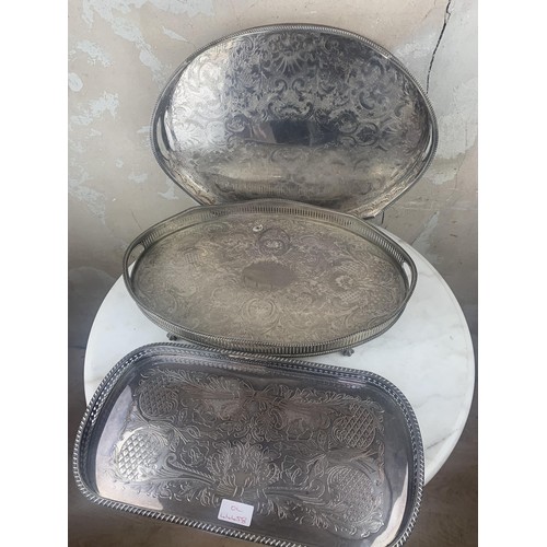 400 - A LOT OF 3 ORNATE SILVER PLATED TRAYS WITH GALLERY,S