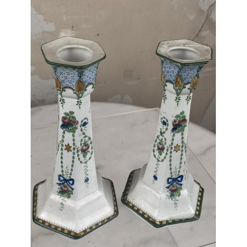 412 - A MATCHING PAIR OF HAND PAINTED ANTIQUE CANDLESTICK 6