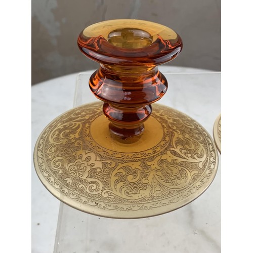 445 - PAIR OF ETCHED AMBER GLASS CANDLESTICKS 3