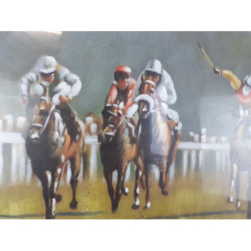 467 - A HANDPAINTED HORSE RACING CANVAS AS NEW 27 X 19