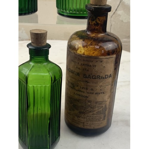 473 - A LOT OF 5 ANTIQUE COLOURED GLASS POISON CHEMIST BOTTLES ALL WITH ORIGINAL LABELS