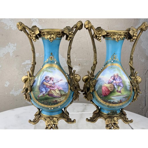 474 - PAIR OF HAND PAINTED BRASS MOUNTED VASES DEPICTING STILL LIFE AND GEO FIGURES 7