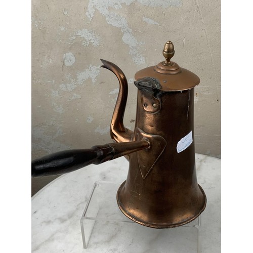 498 - COPPER COFFEE POT WITH WOODEN HANDLE 11