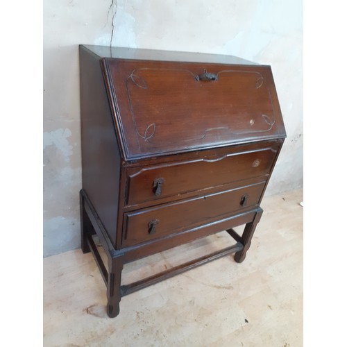 17 - VINTAGE OAK 2 DRAWER DROP FRONT WRITING BUREAU