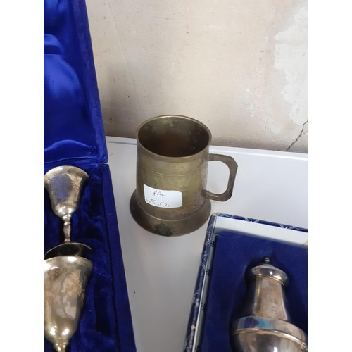 54 - A PLATED TANKARD ALONG WITH BOXED CONDIMENTS AND BOXED GOBLETS