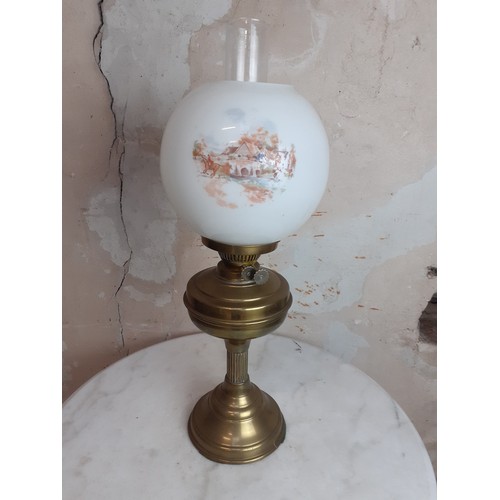 74 - BRASS CONVERTED OIL LAMP WITH MILK GLASS SHADE