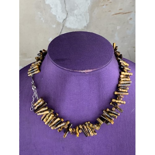 251 - ORNATE TIGERS EYE NECKLACE WITH SILVER FITTINGS