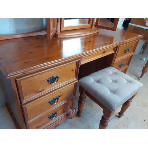 390 - PINE KNEE HOLE DRESSING TABLE WITH MIRROR AND STOOL