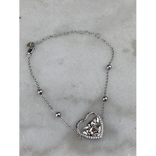 406 - A SILVER MOTHER & DAUGHTER GEM SET ELEPHANT & HEART BRACELET