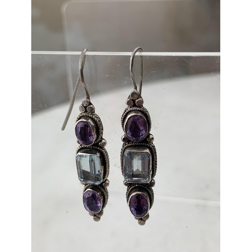 434 - A PAIR OF LARGE SILVER TOPAZ & AMETHYST SILVER DROP EARRINGS