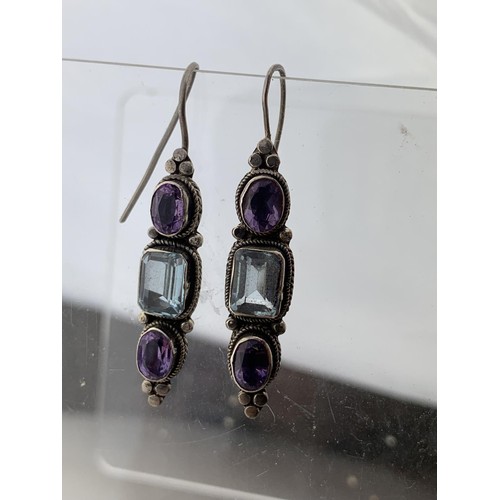 434 - A PAIR OF LARGE SILVER TOPAZ & AMETHYST SILVER DROP EARRINGS