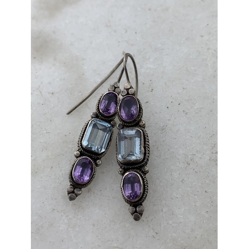 434 - A PAIR OF LARGE SILVER TOPAZ & AMETHYST SILVER DROP EARRINGS