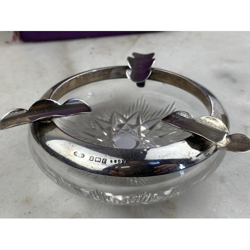 452 - HALLMARKED SILVER MOUNTED CUT GLASS ASHTRAY