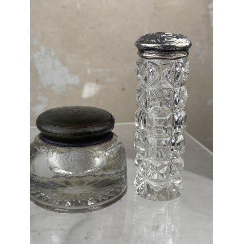 586 - OLD GLASS INKWELL AND SILVER TOP BOTTLE