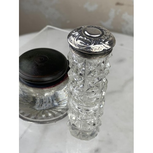 586 - OLD GLASS INKWELL AND SILVER TOP BOTTLE