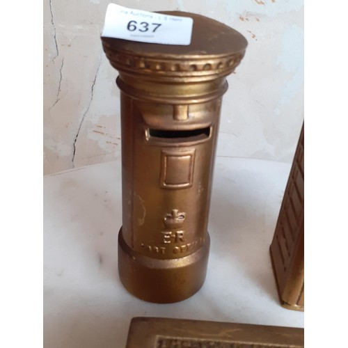 637 - 3 HEAVY BRASS MONEY BOX