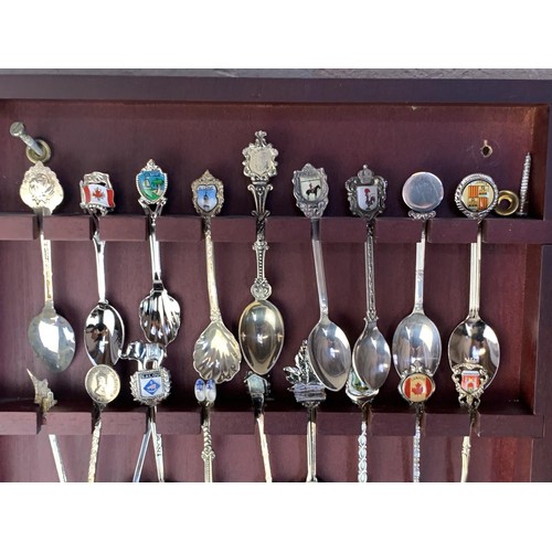 122 - A LOT OF MIXED COLLECTOR SPOONS IN HANGING DISPLAY