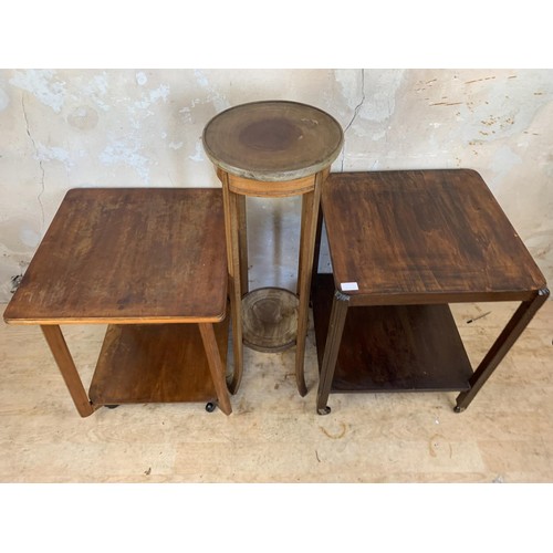 193 - 2 MAHOGANY SIDE TABLE/TROLLEYS & AN ANTIQUR MAHOGANY PLANTSTAND