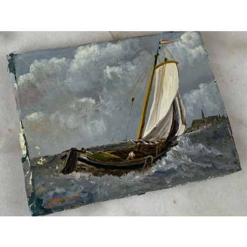 255 - A SMALL OIL PAINTING OF A GALWAY HOOKER SIGNED J HOGERWEAF