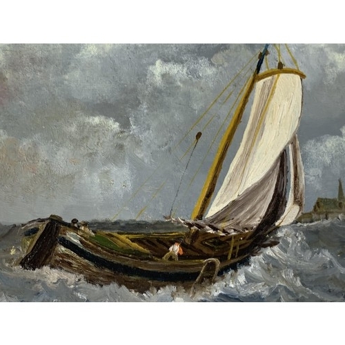 255 - A SMALL OIL PAINTING OF A GALWAY HOOKER SIGNED J HOGERWEAF