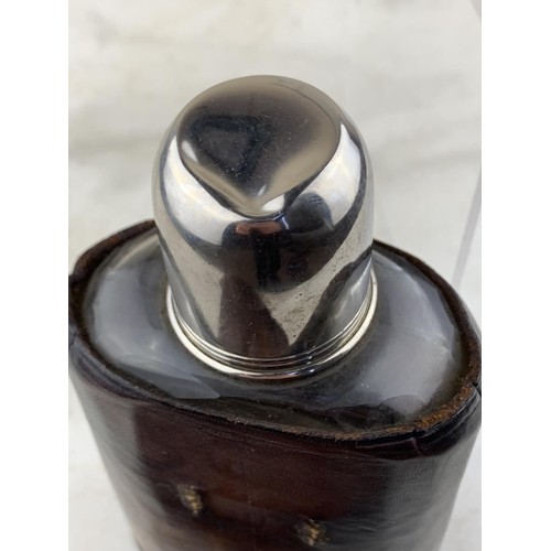 332 - OLD HIP FLASK IN LEATHER HOLDER 7