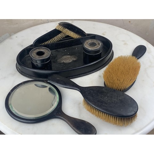 346 - AN EBONISED DRESSING TABLE SET WITH SILVER MOUNTS