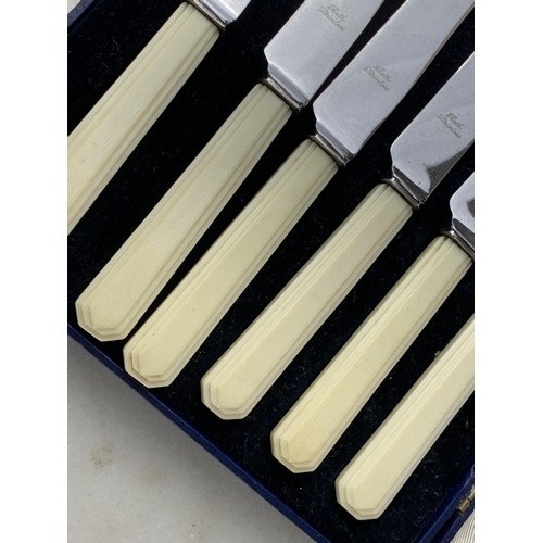 432 - A SET OF 6 BONE ANTIQUE BONE HANDLE KNIVES IN A FITTED BOX