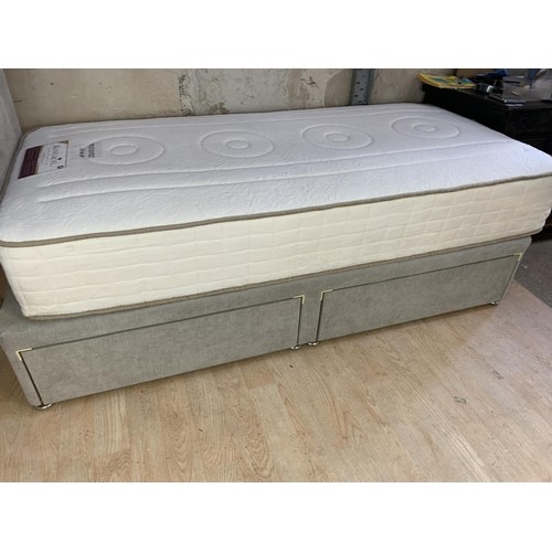 435 - GREY SUEDE 2 DRAWER 3FT DIVAN BED WITH HEADBOARD AND MATTERESS