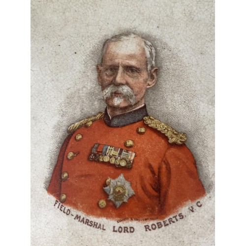 437 - A POTTERY PLATE (DAMAGE TO 1 CORNER) REPRESENTING FIELD MARSHAL LORD ROBERTS VC 8.5X8